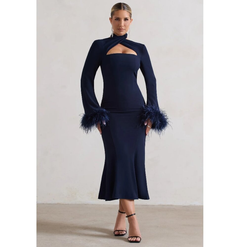 Monroe Navy Cross Halter-Neck Midi Dress With Feather Cuffs